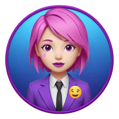 Cute 3D emoji-style girl sexy character with pink hair and purple eyes, inside a circular badge. No hands, no pose. Clean purple suit with a glowing neon-blue ‘C’ logo on the chest, small lightning accent. Smooth Apple-style lighting, friendly expression sticker