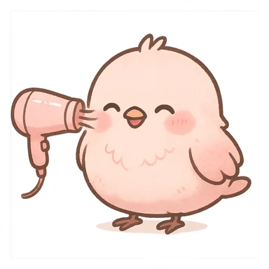 chibi style cute hair dryer soft fluffy bird blowing gentle air with a happy face, soft pink, full-body sticker