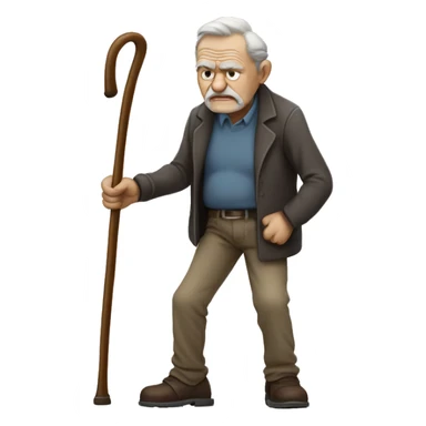 Old man leaning on a walking cane and holding his crancky back with his hand, grumpy face, detailed sticker