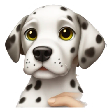 Full face of White Girl with dark brown curly hair and green eyes is holding Dalmatian puppy sticker