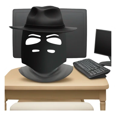 black hat hacker with anonymous mask behind a computer sticker
