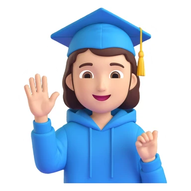 memoji of a college student, waving, wearing a hoodie, energetic and approachable, with a graduation cap sticker