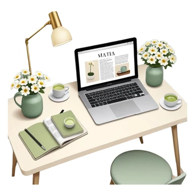 seeing a working from home desk from above with a macbook computer, fashion/interior magazines, flowers in a little vase, louis poulsen portable lamp with a dimmed cozy light and a iced matcha. very scandinavian aesthetic sticker
