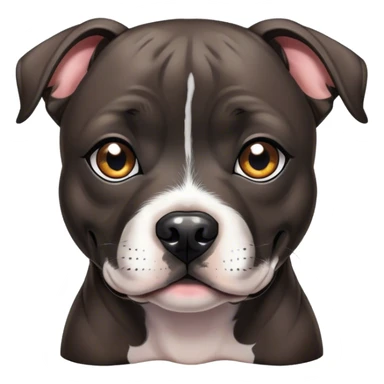 Cinematic Cute Black/Brindle Staffordshire Bull Terrier Portrait Emoji, Head tilted playfully and inquisitively, featuring a glossy Fur with a dynamic mix of black and brindle, round, sparkling dark eyes filled with curiosity, Simplified yet irresistibly adorable features, highly detailed, glowing with a warm, friendly glow, high shine, affectionate and spirited, stylized with a touch of whimsy, bright and endearing, soft glowing outline, capturing the essence of a mischievous yet loving pup, so playful it feels like it could bound out of the screen and into your arms! sticker