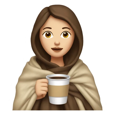 White Woman with brunette hair snuggled in a blanket with a coffee sticker