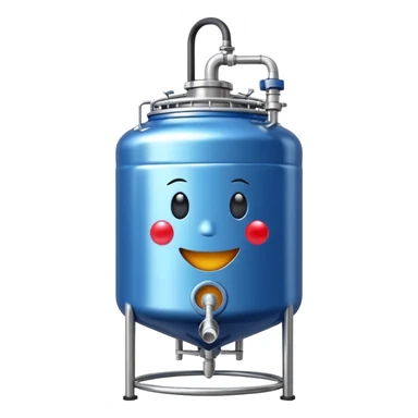 shiny stainless steel fermentor, 100 liters, with blue liquid, emoji style sticker