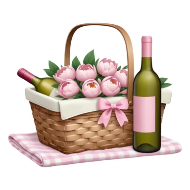 White Picnic basket with light pink bow and white peonies and a pink wine bottle inside sticker