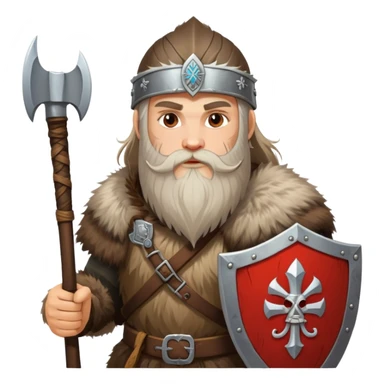 Russian pagan warrior with fur clothing, axe, shield with Slavic symbols, long beard sticker