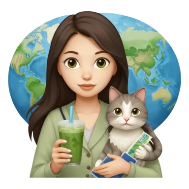 a brunette woman with long hair in here 30S drinking an iced matcha, carrying a grey cat and a map of the world sticker
