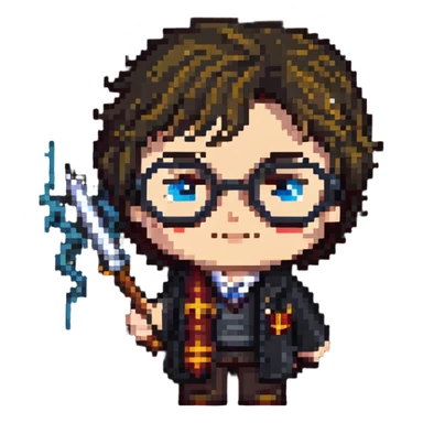 Harry Potter with glasses, lightning scar, and wand sticker