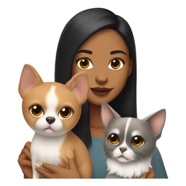 Latino woman with black staight hair and brown eyes is holding a grey sphinx cat and a ginger Pomeranian dog sticker