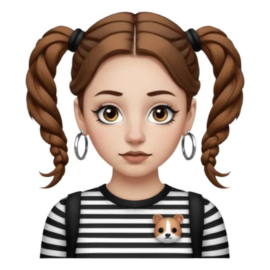 a white girl with brown hair in very low pigtails black eyeliner big false eyelashes with a septum piercing nose piercing big hoop earings dermals close to the eyes one on each side wearing a black and white striped long sleeve shirt sticker