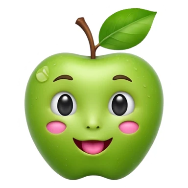 3D iOS-style emoji of a green apple with a cute human face: glossy, soft shading, big black eyes, tiny nose, open mouth with tongue, stem and leaf on top, white background sticker