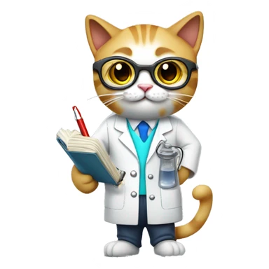 Cat wearing chemistry lab coat goggles and has notebook and a pen . show whole body sticker