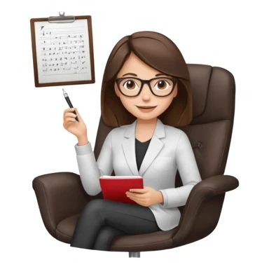female therapist, brunette, brown eyes, light skin, sitting in a modern chair with notes, wearing glasses sticker