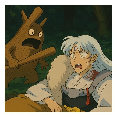 Wooden creature holding a baseball bat and scaring sesshomaru While he is sleeping We are shocked sticker