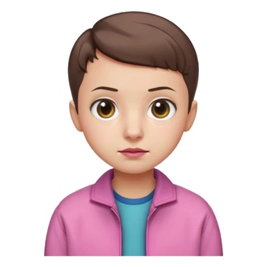 Create a cute emoji-style illustration of Eleven from Stranger Things: round face, big expressive eyes, short brown buzz-cut hair, pink jacket, simple nose and mouth, soft shading, bright colors, clean outline, minimal details, friendly expression, flat emoji style, white or transparent background. sticker