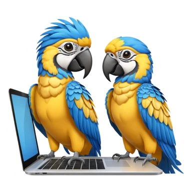 Two yellow and blue macaws using a laptop sticker