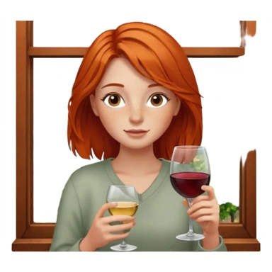 girl with rust colored hair and lots of freckles enjoying wine by window sticker