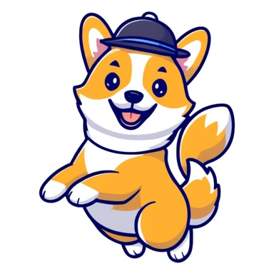 jumping corgi dog with a cute hat sticker