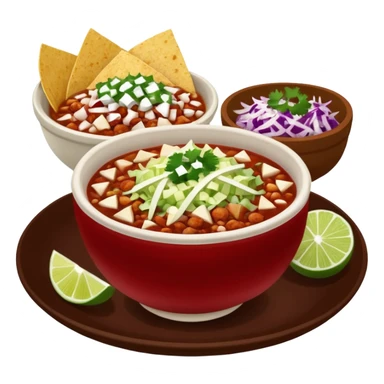 A delicious hot bowl of pozole rojo with sides next to the bowl in separate bowls each: chopped onions, shredded cabbage, lime wedges, red chile de arbol salsa, and full round tostadas sticker