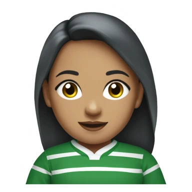 Girl wearing blue rugby sweater with two green stripes at the bottom. Stripes are at the bottom. Long sleeved sweter sticker