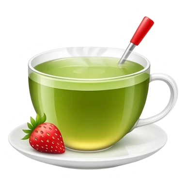 cup of green tea with a strawberry garnish sticker
