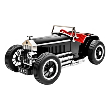 Wednesday Adam’s Blood stained Lego Satanic Darth Vader black Bare bones (channeled cowl) drag racing and speed record modified (fenders removed) chopped streamlined sporty roadster that is a (stripped down) hot street rodded engine sports car 1952 Rolls Royce Woody futuristic  wide racing wheels sticker