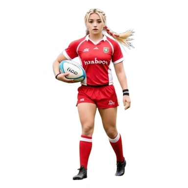 Chica de pelo rubio tirada en el suelo boca abajo agarrando un balón DE RUGBY con las manos vestida con una equipación de color rojo y blanco con líneas, manchada de barro y con unas botas de tacos de fútbol, con un bucal en la boca y el pelo con trenzas, se la tienen que ver las 2 piernas  sticker