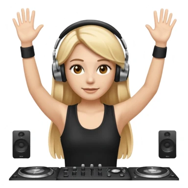 I want a white female dj animated gif emoji with long straight centre parting blonde hair, brown eye brows and putting hands up in the air. Wearing a black tight top with no sleeve. Also wearing DJ headphones  sticker