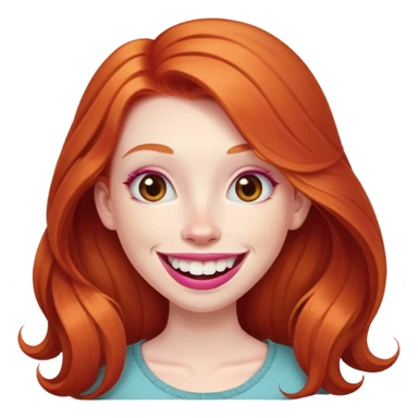 Young girl with pale skin, longer face, full pink lips smiling with big teeth, very long ginger red hair (no blonde at all), big brown eyes, bigger nose, big mouth sticker