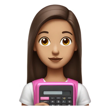 Hyper realistic girl with straight brown hair holding a pink calculator sticker