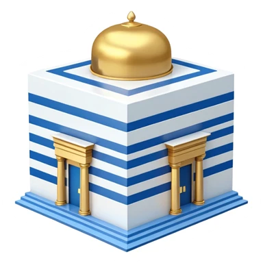 A cubic-shaped temple with smooth, clean edges and blue and white horizontal stripes along the walls. The structure has no pillars or columns. A Polished golden dome sits centered on top of the cube, with a smooth surface and no spiral or finial at its peak. The architectural style is minimalist  sticker
