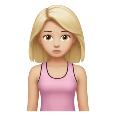 Create a young woman with long blonde hair, golden eyes, and medium-light skin tone, wearing a light pink tank top and leggings. She should be in portrait mode, but with a subtle doubting facial expression—slightly raised eyebrow, small frown, .  and her hand next to her chin like a thinker sticker