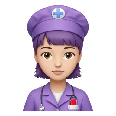 A young female slim nurse with short Brown hair with fringe over her forehead, wearing larvendar purple working cloth, without nurse cap sticker