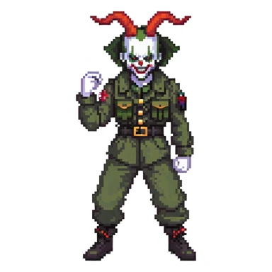 evil clown soldier, bald, small black satan horns on forehead, fangs, pointed ears, eye patch over one eye, black and military green clothes with bellbottom pants, realistically proportioned, less bulky, full body, fighting stance sticker