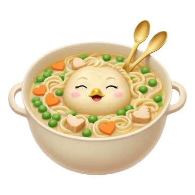 pastel toned ceramic bowl beige yellow chicken noodle soup visible noodles chicken carrots peas bowl with cute relaxed face closed eyes rosy cheeks steam curls up hearts notes spoon inside glowing aura sparkles surround bowl comforting soupy vibe sticker
