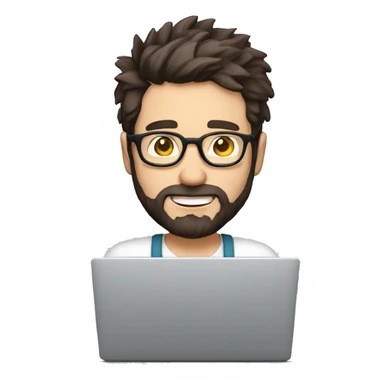 man with light skin, short messy hair, dark brown hair, with round glasses, with a beard and a short nose. Happy computer technician with a laptop sticker