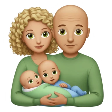 Un hombre calvo de ojos marrones con su mujer rubia de pelo rizado y ojos verdes sosteniendo un bebé niño de pelo rizado moreno y de ojos marrón verdoso sticker
