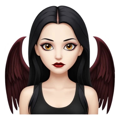 White woman with a white tank top long black hair glossy middle part straight long hair vampire look  brown eyes eyeliner winged with lashes top and bottom white border big lips black eyebrows sticker