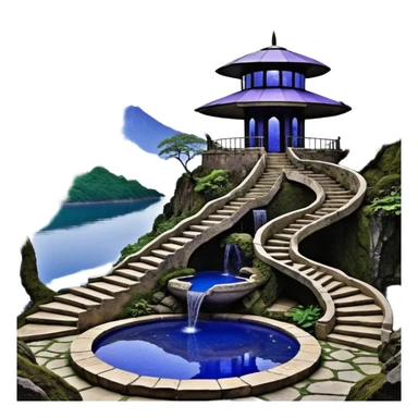 Alien saucer poolhouse jungle winding narrow stairway fountain lakeside mountainside -island getaway nighttime landscape antique mudman very old broken cracked intricate Stone Age lapis-crusted irregular dodecagon-shaped shallow dark moss rough bark violet serissa flowered maple tree bonsai sticker