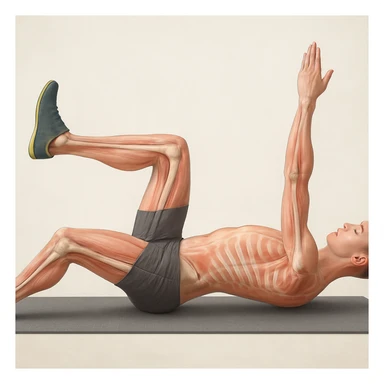 Anatomically hyperrealistic 4K side view of a man in dead bug position with the arm on the ground fully extended above the head, straight, showing pelvis and spine bones, translucent muscles and skin, medical atmosphere, realistic anatomical details. Variant 6, slightly change the position of the hands. sticker