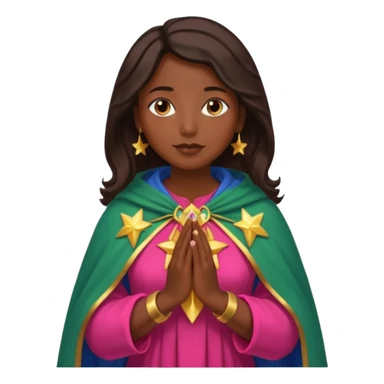 Mujer de piel morena, rostro sereno, manos juntas. Vestido rosa rojizo manto capa azul verdoso con muchas estrellas doradas pequeñas Resplandor como rayos de luz dorado alrededor del cuerpo. sticker