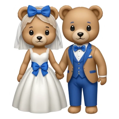 Teddy bear wearing white wedding dress holding the hand to another teddy bear wearing a big royal blue bow tie sticker