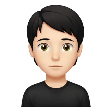 A boy with dark black hair and hazel green and brown eyes and white skin , with freckles and black t shirt with middle part hair hair with a center part haircut  sticker