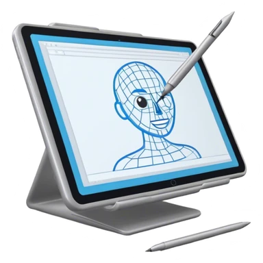 Create an emoji for 3D visualization and modeling. Show wireframe model that pops out from the screen of a large graphic tablet with a stylus drawing in a 3D modeling program. Use modern, professional colors. Do not include any emojis or smiley faces. Make the background transparent. sticker