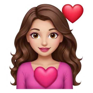 girl with long wavy brown hair, brown eyes, long lashes makeup, sexy pink lips, light to medium complexion, wearing a pink sexy top, smiling, holding a big heart sticker