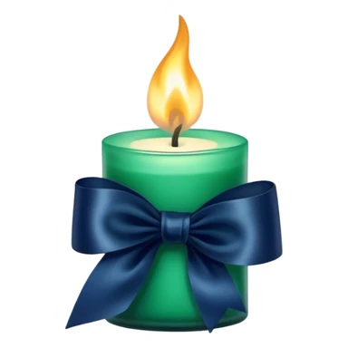 A charmingly arranged composition of a glass candle in a rich emerald shade, placed next to a carefully folded navy blue ribbon. sticker