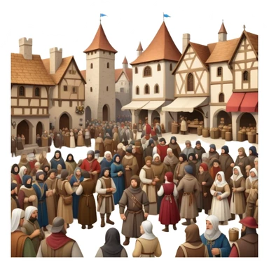 Medieval town crowd scene with many people together, mix of wealthy merchants and common townspeople gathered in a marketplace sticker