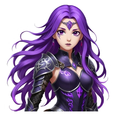 A mysterious warrior girl with long, flowing purple hair cascading down her back, strands catching the dim light like silk. Her piercing violet eyes glow. She wears sleek black armor, a perfect fusion of elegance and lethality, adorned with intricate silver engravings resembling ancient runes.  sticker